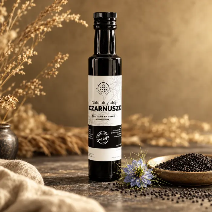 Olej z czarnuszki tłoczony na zimno — zdjęcie aranżacyjne